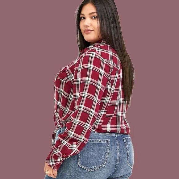 NWOT Torrid Plus Size New Burgundy Plaid Twill Tie Front Midi Shirt. - Picture 7 of 10